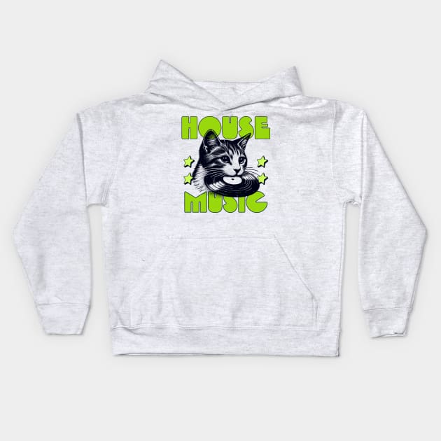 HOUSE MUSIC  - Cat Bites Vinyl (Lime( Kids Hoodie by DISCOTHREADZ 